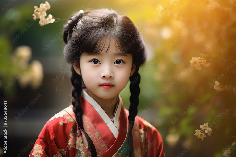 Portrait of charming adorable cute chinese girl in kimono made with generative AI Portrait of charming adorable cute chinese girl in kimono made with generative AI