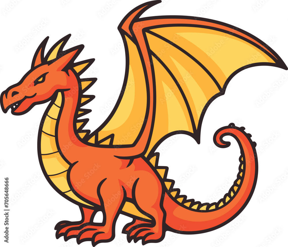 Red orange dragon cartoon standing with wings spread. Mythical creature with fierce expression fantasy vector illustration. Red orange dragon cartoon standing with wings spread. Mythical creature with fierce expression fantasy vector illustration.