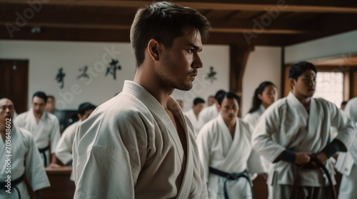Karate students training during a Karate class. close-up of man. Created with AI.