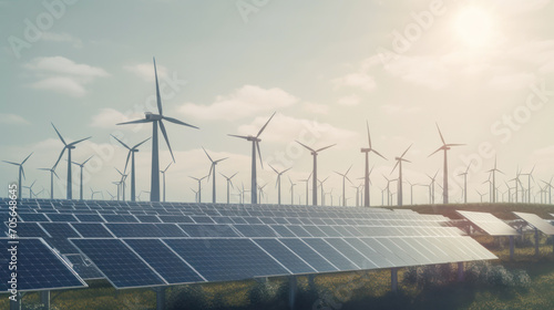 Solar energy panel photovoltaic cell and wind turbine farm power generator in nature landscape for production of renewable green energy is friendly industry. Clean sustainable development concept