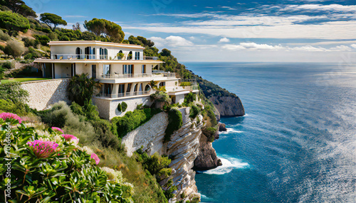 Sea-side mansion on a cliff overlooking the sea