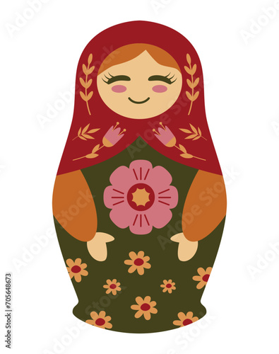 Russian doll, matryoshka. Cute character decorated with flowers and leaves. Isolated design element.
