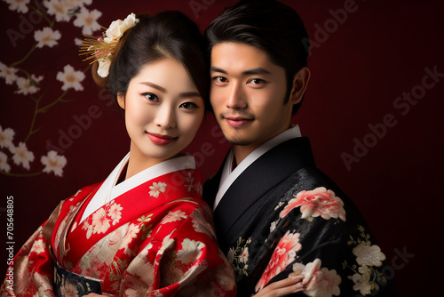 Portrait made with generative AI of charming chinese couple celebrating their wedding ceremony in kimono