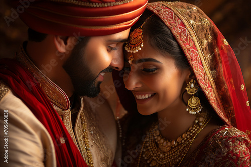 Portrait made with generative AI of young indian bride and groom wearing traditional saree photo