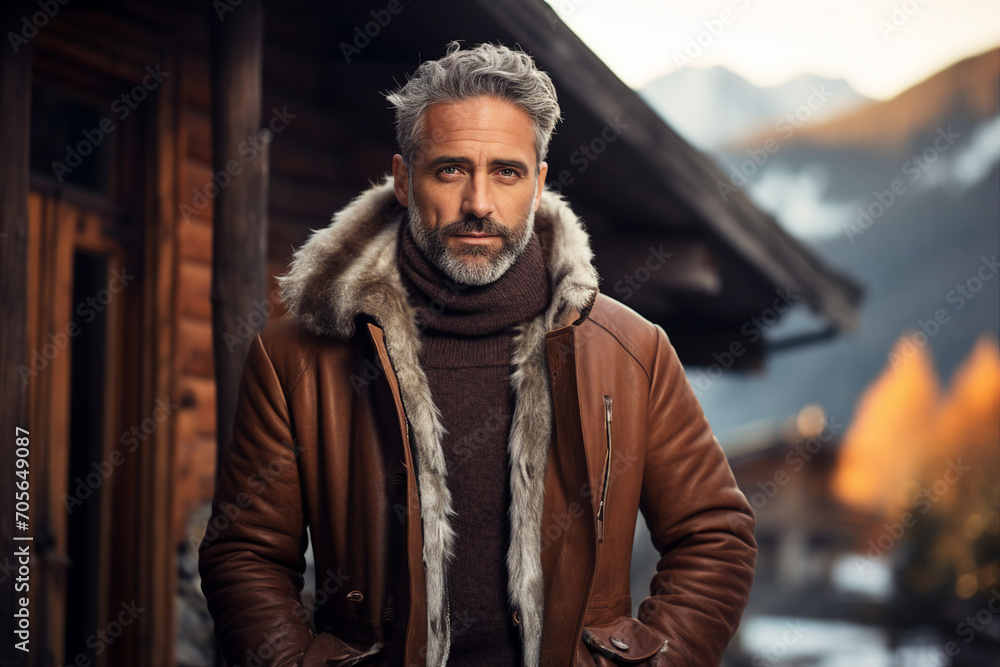 Obraz premium AI generated photography image of rich handsome man spending his winter holidays on mountain resort