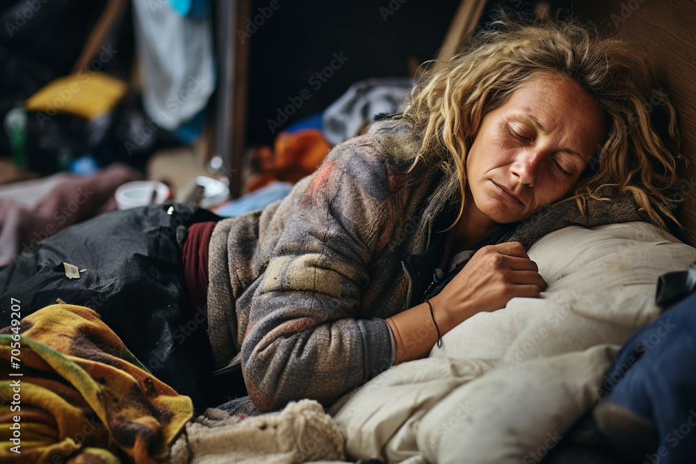 Fototapeta premium Generative AI picture of desperate homeless person man woman child poor helpless in the street