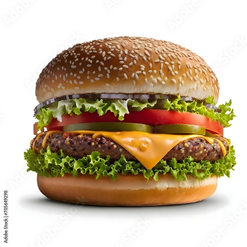 Hamburger, cheeseburger, chicken burger, burger with lettuce, cheese, bacon, pickle, tomato, sauce, onion. Illustration, white isolated background.