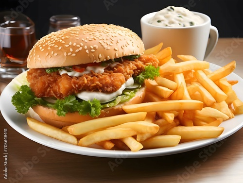 Hamburger, cheeseburger, chicken burger, burger with lettuce, cheese, sausage, pickle, tomato, sauce, onion. On a plate, fries, salt.Close-up view.