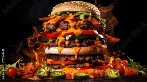Stacked big burger, cheeseburger, chicken burger, burger with lettuce, cheese, bacon, pickle, tomato, sauce, onion. Decorated with vegetables.Dark background.