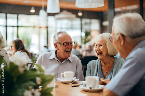 Portrait of a senior couple sitting in a cafe and laughing.