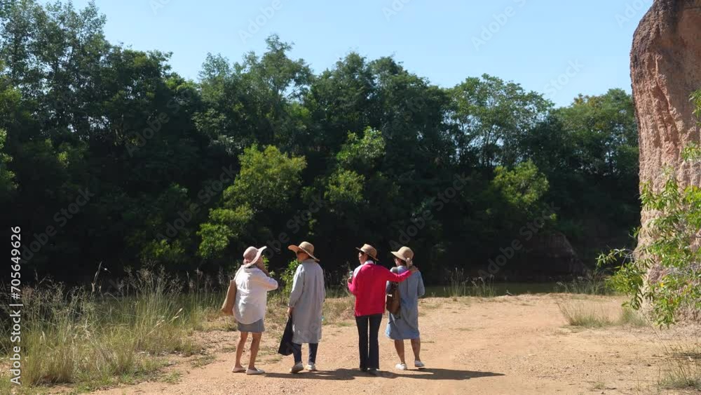 Group of senior aging women hiking walking exercising together on holiday vacation in forest, healthy elderly pensioner females happy spend free time traveling enjoy one-day trip activities outdoors Group of senior aging women hiking walking exercising together on holiday vacation in forest, healthy elderly pensioner females happy spend free time traveling enjoy one-day trip activities outdoors