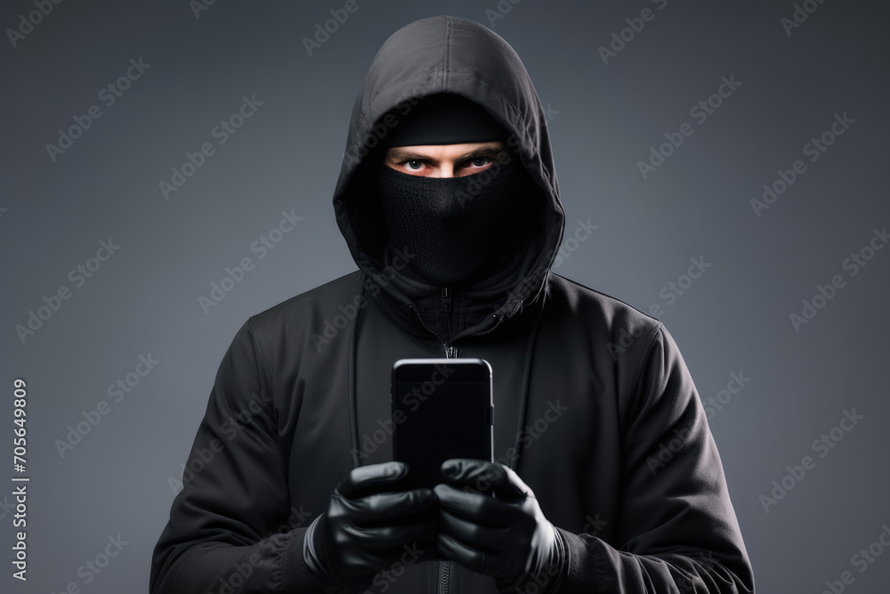 Male criminal hacker in black clothes and balaclava with phone in hand, phone scam concept Male criminal hacker in black clothes and balaclava with phone in hand, phone scam concept