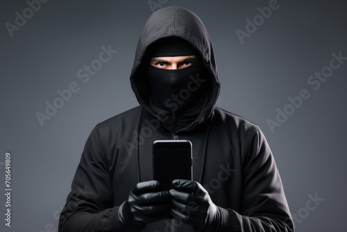 Male criminal hacker in black clothes and balaclava with phone in hand, phone scam concept