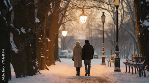 Couple walking in winter park. Man and woman holding hands and looking at each other.