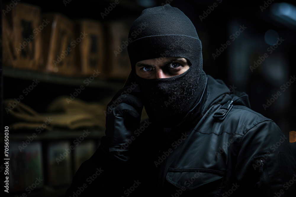 Criminal hacker in black clothes and face mask with phone in hand, phone fraud concept Criminal hacker in black clothes and face mask with phone in hand, phone fraud concept