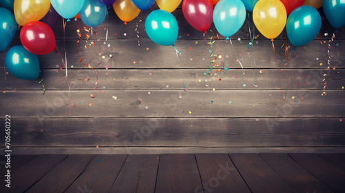 Party Time Palette: Colorful Balloons and Streamers on Grunge Wood