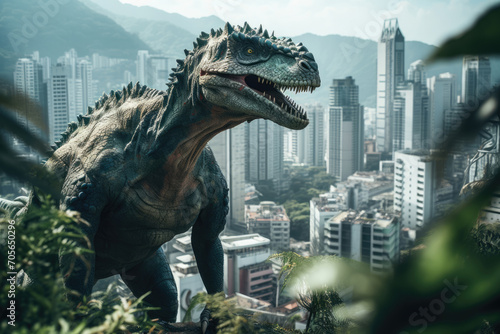 Huge dinosaur predator in a modern city with multi-storey buildings