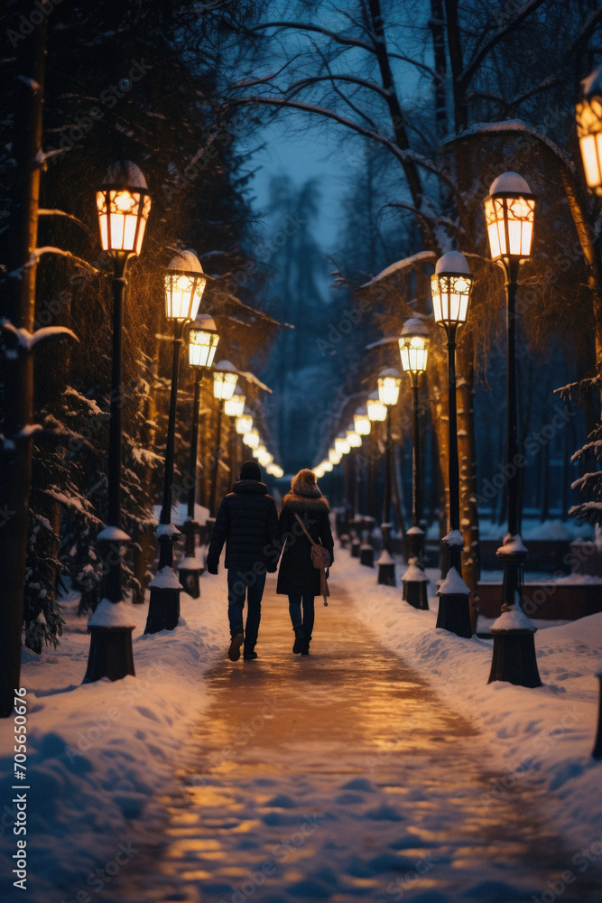 Couple walking in the park with lanterns. Winter evening.