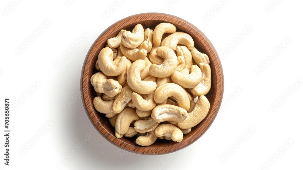 cashew nuts in wooden bowl on table background. top view. Space for text. Healthy food 