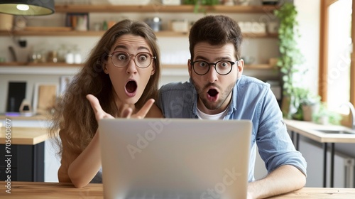 Dos personas mostrando expresiones de shock y confusión mientras usan un ordenador portátil