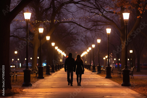 Couple walking in the park at night with lanterns in the background.