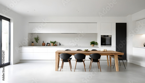 Concrete floor white kitchen with table