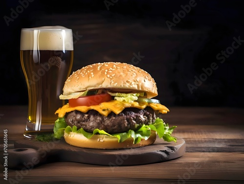 Hamburger, cheeseburger, chicken burger, burger with lettuce, cheese, bacon, pickle, tomato, sauce, onion. Photo. Dark background, wooden kitchen board, beer.