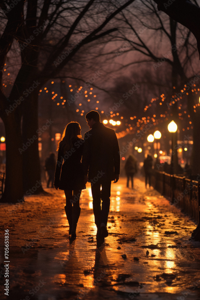 Couple walking on the street in winter at night, holding hands.