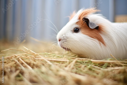 profile shot of guinea pig amidst hay photo