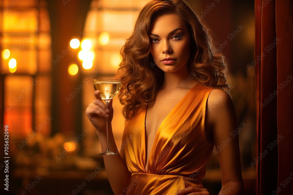Young Woman in Golden Dress with Wine Glass: Restaurant Elegance