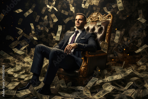 rich man sits in a chair among mountains of money
