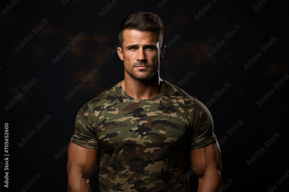 Obraz premium Handsome muscular soldier in camouflage T-shirt