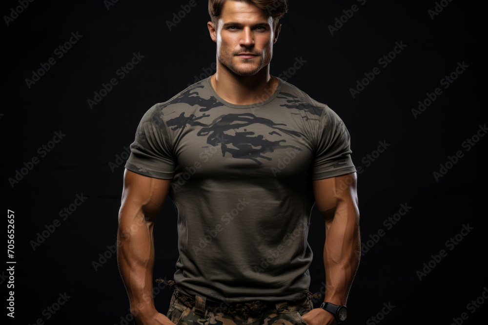 Muscular military soldier in camouflage T-shirt Muscular military soldier in camouflage T-shirt