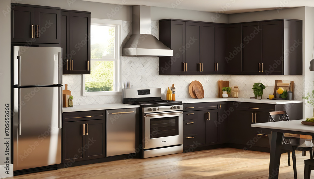 illustration of a modern kitchen with dark colored cabinets and a stainless steel stove illustration of a modern kitchen with dark colored cabinets and a stainless steel stove