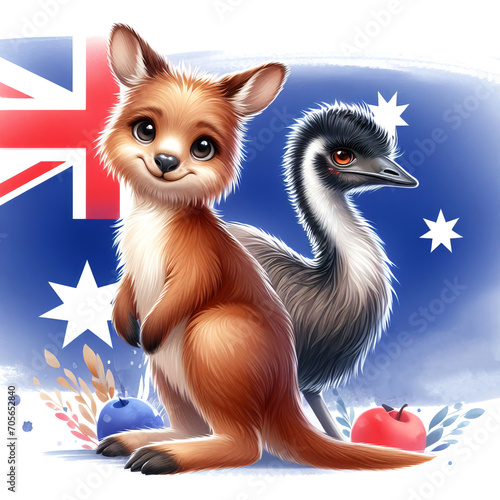 Patriotic illustration of a baby kangaroo and baby emu with Australian flag on background. The illustration for any national holiday Australia Day, Australia's National Flag Day