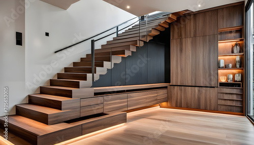 Luxury contemporary interior design in a multi storey home with sleek wooden stairs and custom cabinets under them for storage