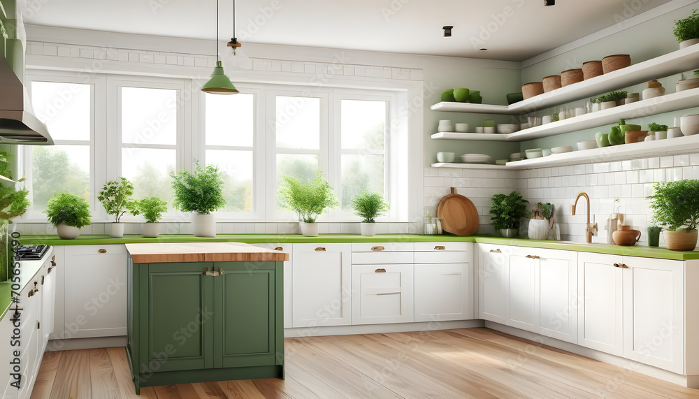 Modern kitchen interior with white furniture and wood countertops ...