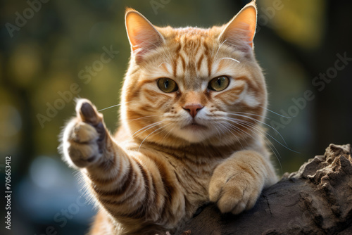 Red cat shows thumbs up gesture