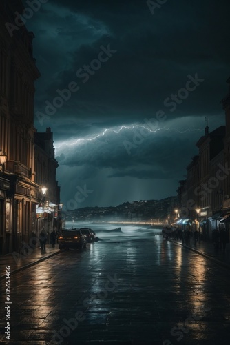 Lightning and thunderstorm erupts over the night city. Weather, cataclysms, hurricane, typhoon, tornado, storm concepts.