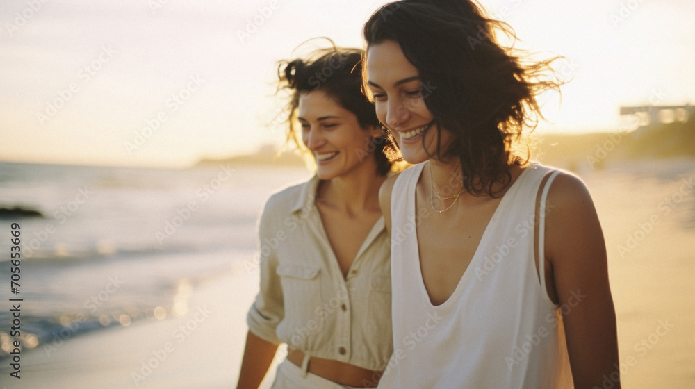 Portrait of two happy young women having fun on the beach at sunset.