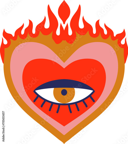 Mexico sacred heart vintage tattoo. Mexican decoration, Christian religion God heart spiritual tattoo or vector patch. Latin America culture love symbol with flame and eye