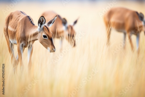 hartebeests grazing in golden savannah grass