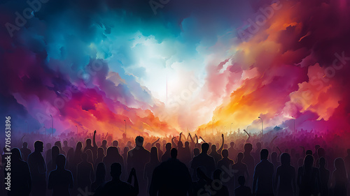 multicolored crowd, a row of silhouettes of people , drawing watercolor style multicultural society, performance concert, rainbow spectrum background gradient