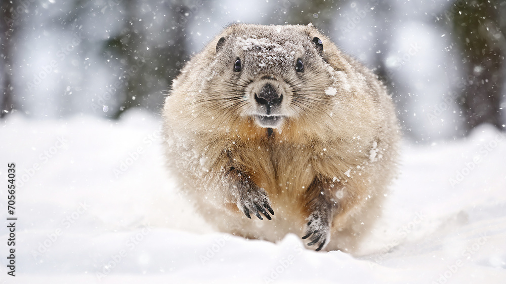 Obraz premium groundhog runs through the winter snow, dynamic pose fluffy rodent falling snow February calendar
