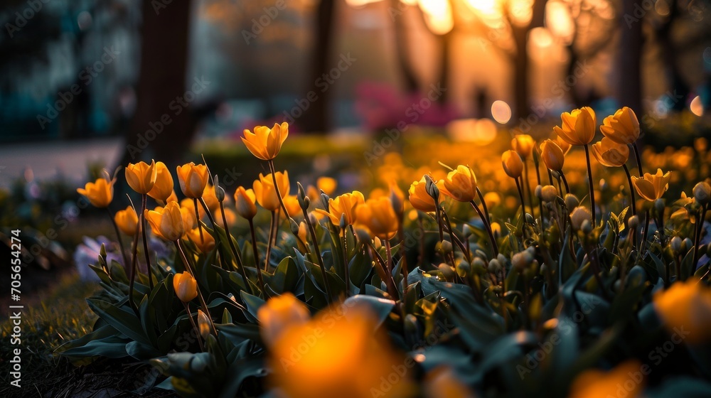 Spring Equinox Day with blossoming flowers, fresh greenery, and a balanced representation of day and night. Copy space.