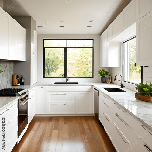 Modern kitchen with corner window and white cabinets