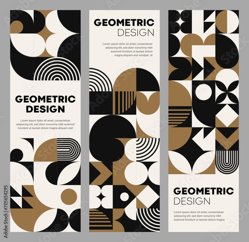 Modern golden, black and white abstract geometric banners with Bauhaus pattern. Business presentation poster template with Bauhaus vintage pattern, event flyer design geometrical shapes vector layout