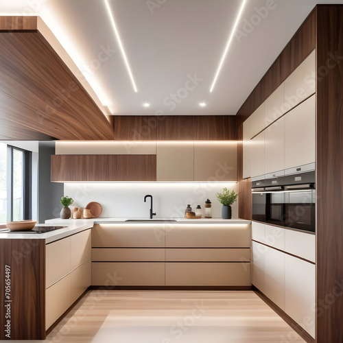 Modern minimalist kitchen  close up shot  beige cabinets floor to ceiling  combined with walnut wood open cabinets with led lights  floating ceiling. Natural light