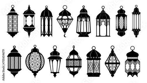 Arab Islamic lantern lamp silhouettes for Ramadan or Eid Mubarak holiday, vector decorations. Islam or Muslim ornament lamp lanterns with pattern of stars, crescent moon for Ramadan Kareem greeting