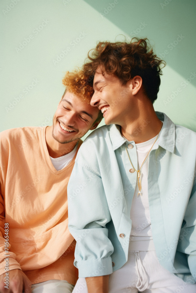 Happy gay couple embracing and looking at each other on light green background. Happy gay couple embracing and looking at each other on light green background.